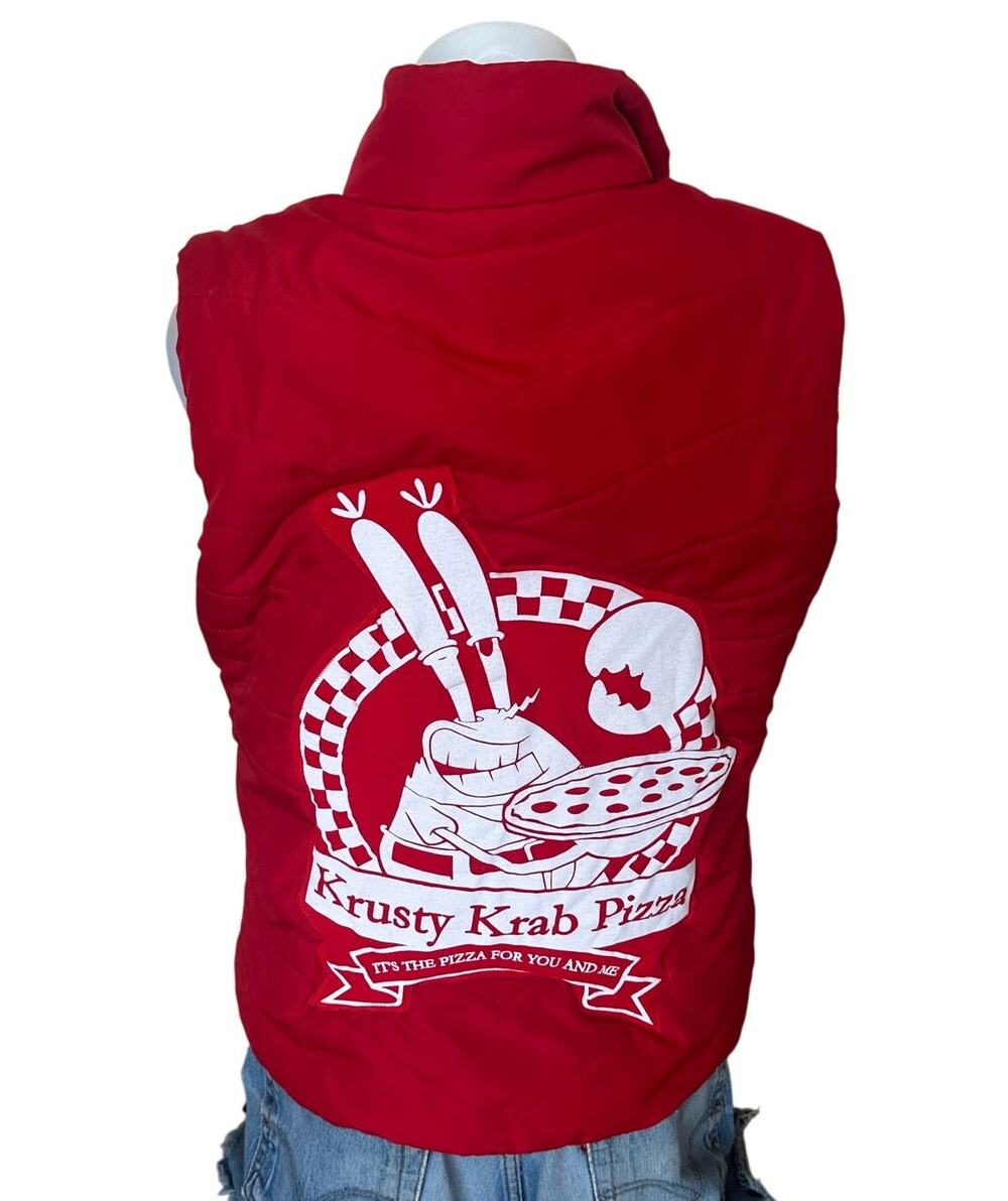 Krusty Krab Pizza Red Puffer Vest MEDIUM Pockets SpongeBob Unique Quilted